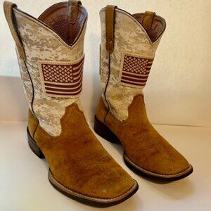 ARIAT mens cowboy boots in suede and camo.